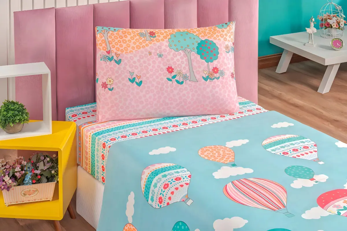 Jogo De Lençol 3 Peças Infantil Menino Menina Decora Quarto Desenho Do Tecido Balão