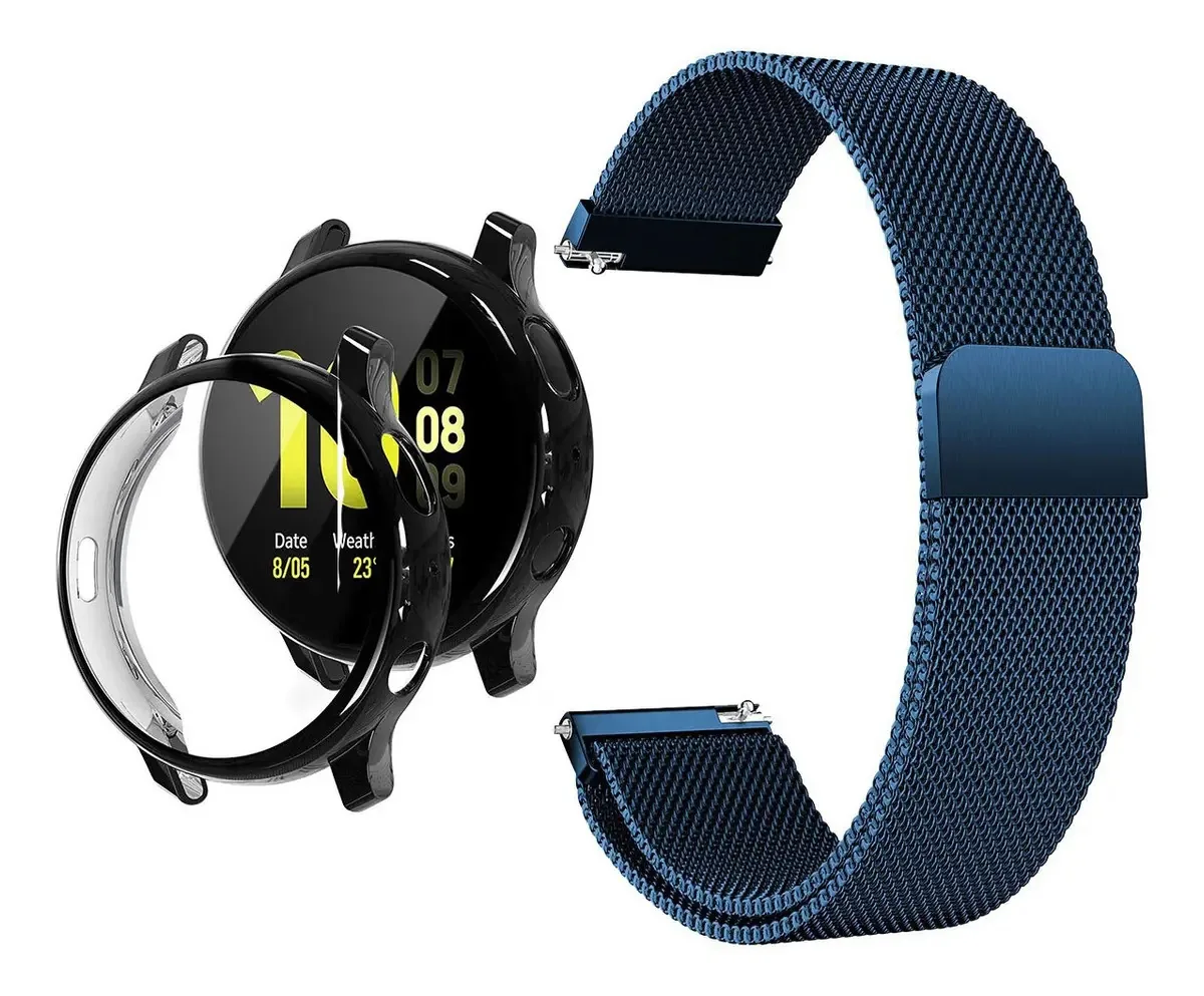 Pulseira Para Active 1 40mm R500 + Case + Pelicula Proteção Cor Azul - Preta Largura 20 mm