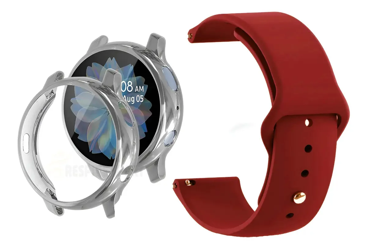 Pulseira Silicone Para Galaxy Active2 40 Capa Proteção Total Cor Prata - Vermelho Vinho