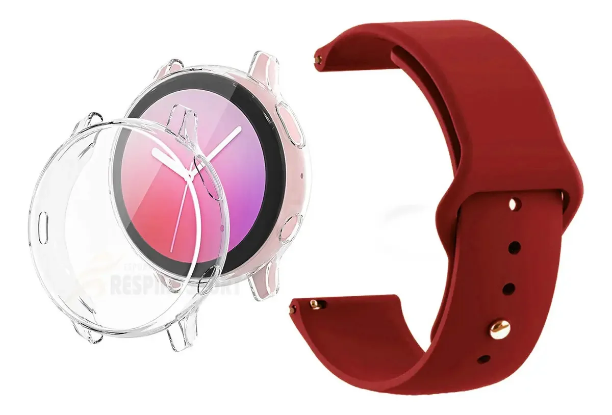 Pulseira Silicone Para Galaxy Active2 40 Capa Proteção Total Cor Transparente + Vermelho Vinho