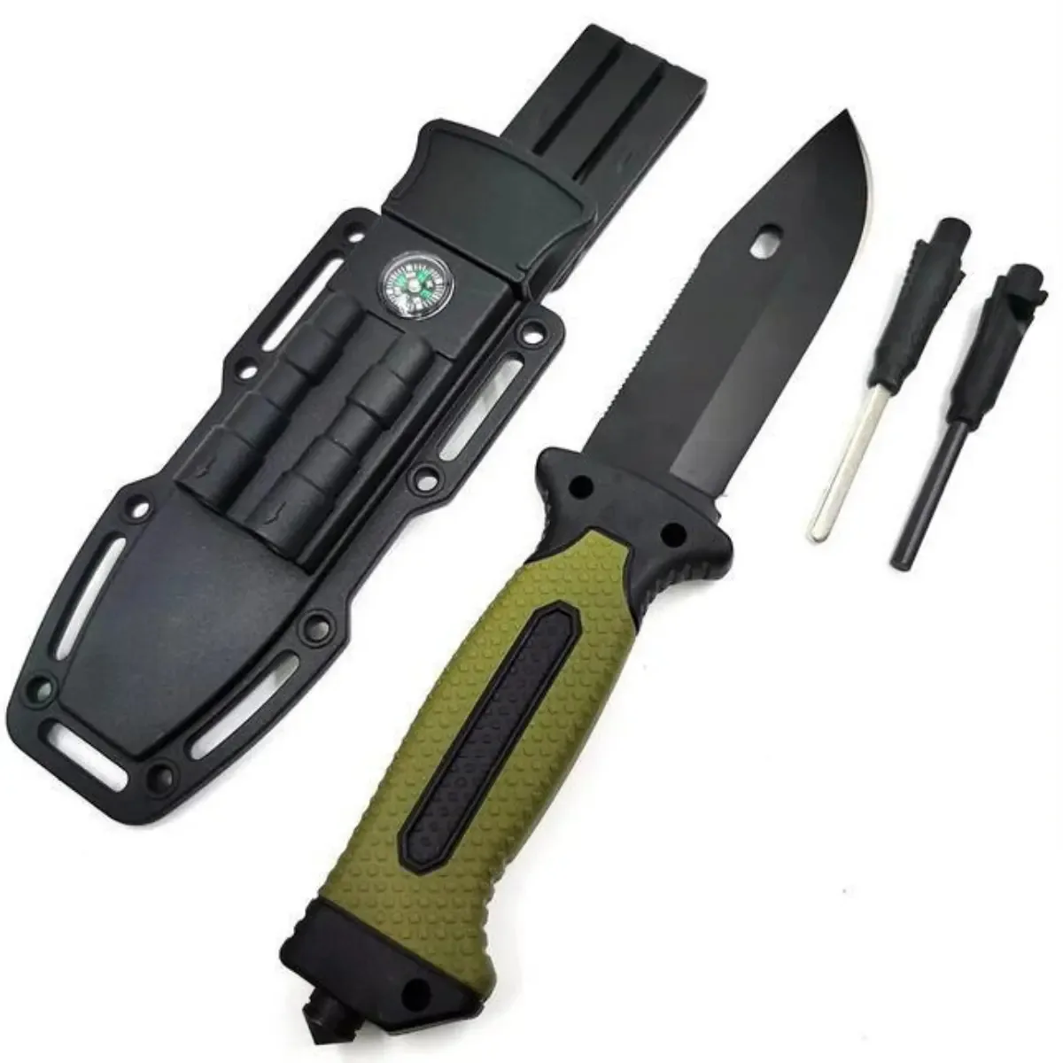 Faca Tatica Com Bainha Bússola Apito Amolador E Pederneira Bússola Funcional Faca Camping Pesca Caça Defesa Tático Lâmina Aço Inox Bainha
