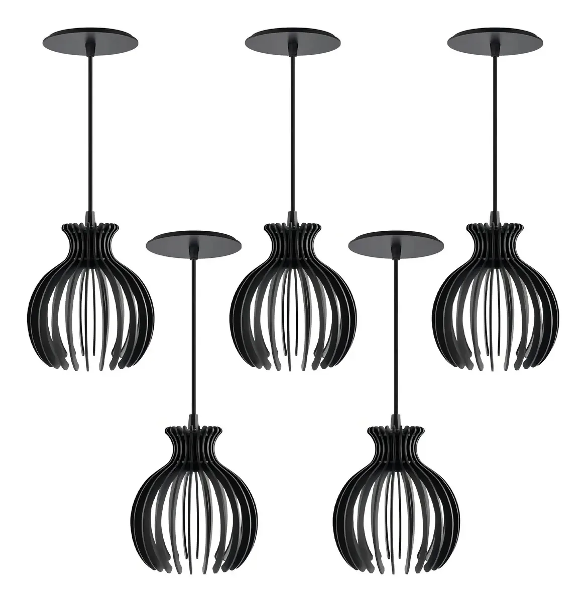 Kit 5 Pendentes Luminárias Madeira Nacar 18cm Preto