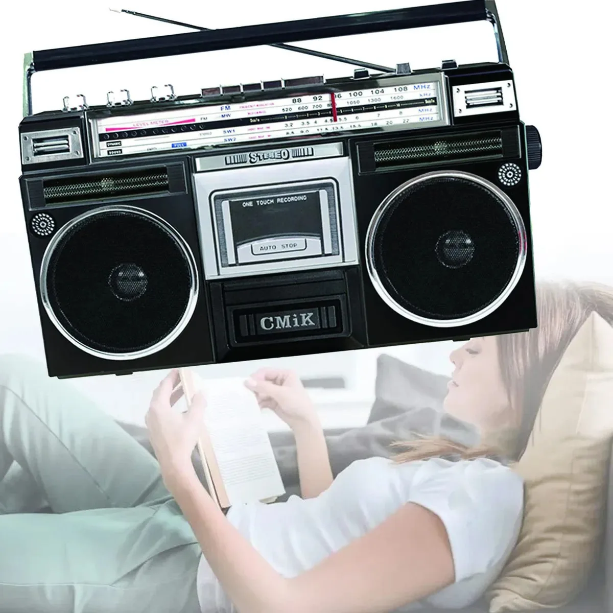 Cassete de rádio vintage dos anos 80, alto-falante Bluetooth portátil Boombox, streaming sem fio, slots USB/micro SD, entrada auxiliar, entrada para fone de ouvido, conversão de cassete para...