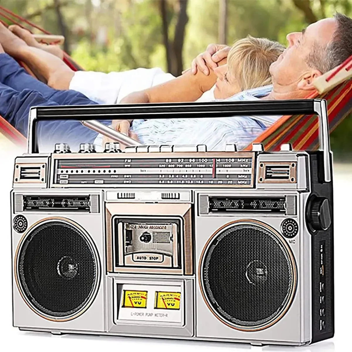Gravador de fita retrô Sanfag Rádio AM/FM Leitor Bluetooth Gravador de cassetes Boombox Alto-falantes clássicos de estilo retrô dos anos 80 Função de ajuste do subwoofer