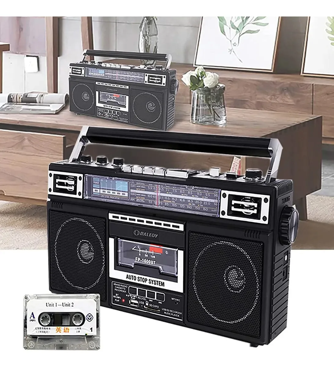 Gravador de cassete retrô, rádio e gravador com AM/FM/SW1/SW2, alto-falante embutido, compatível com entrada SD/USB, gravação/transcrição com um clique