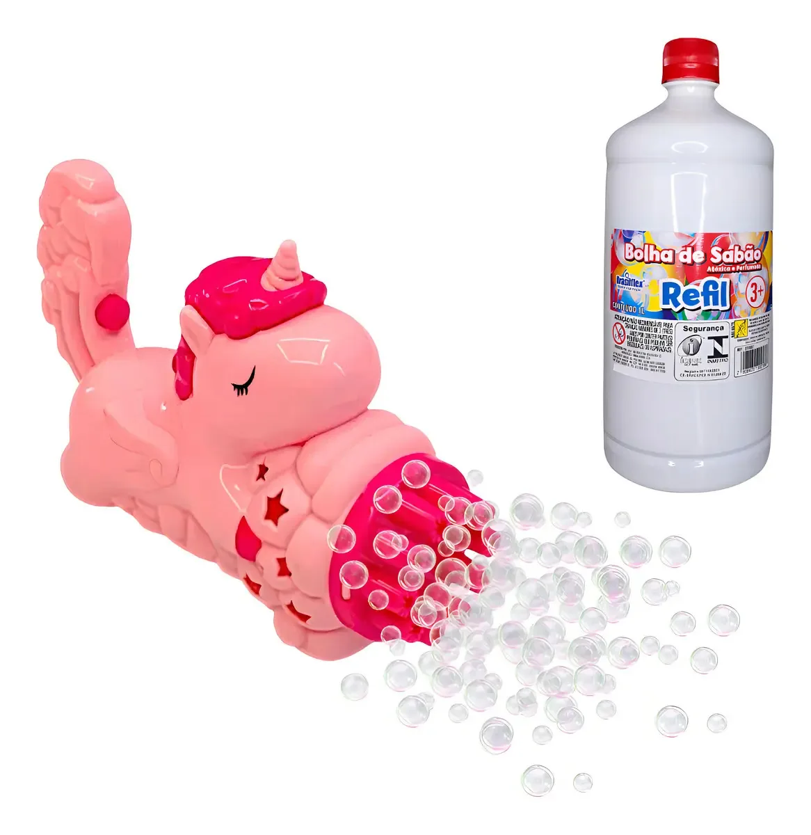 Brinquedo Kit Lança Bolhas Sabão Unicórnio + Refil Liquido