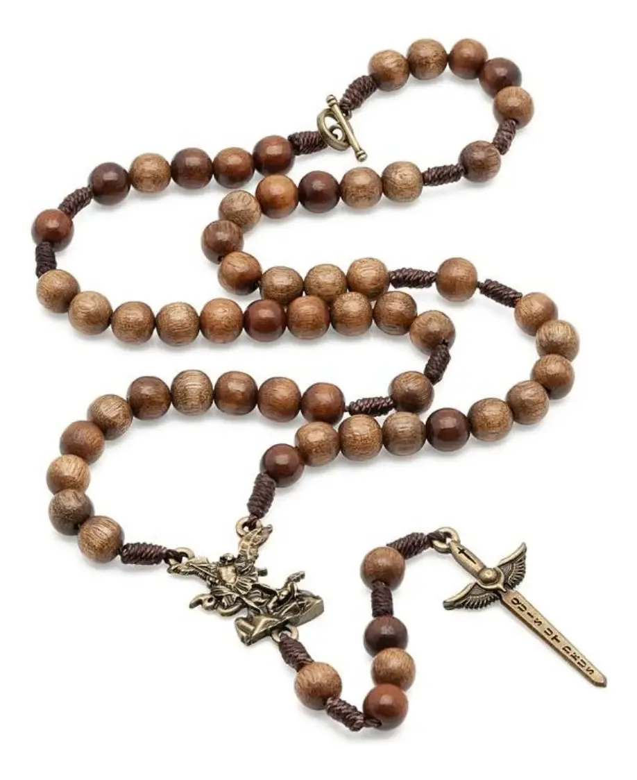 Colar Terço São Miguel Arcanjo Madeira Marrom Aramon Artigos Religiosos