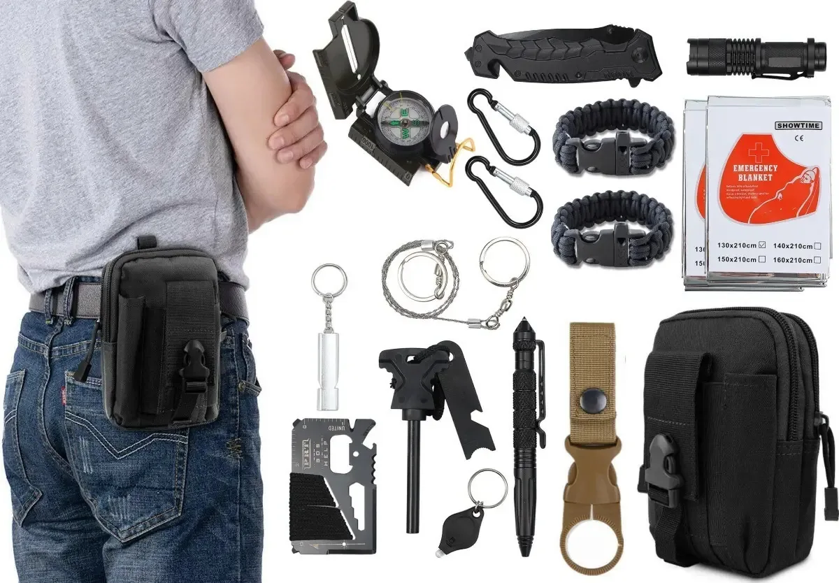 Kit Sobrevivência Emergência Edc Mini Bolsa Preto 18 Em 1