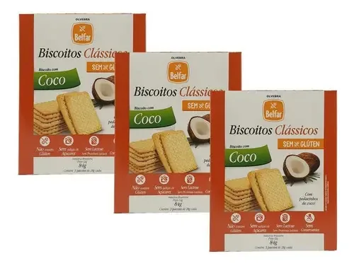 Kit 3 Biscoitos de Coco Sem Glúten Belfar 84g