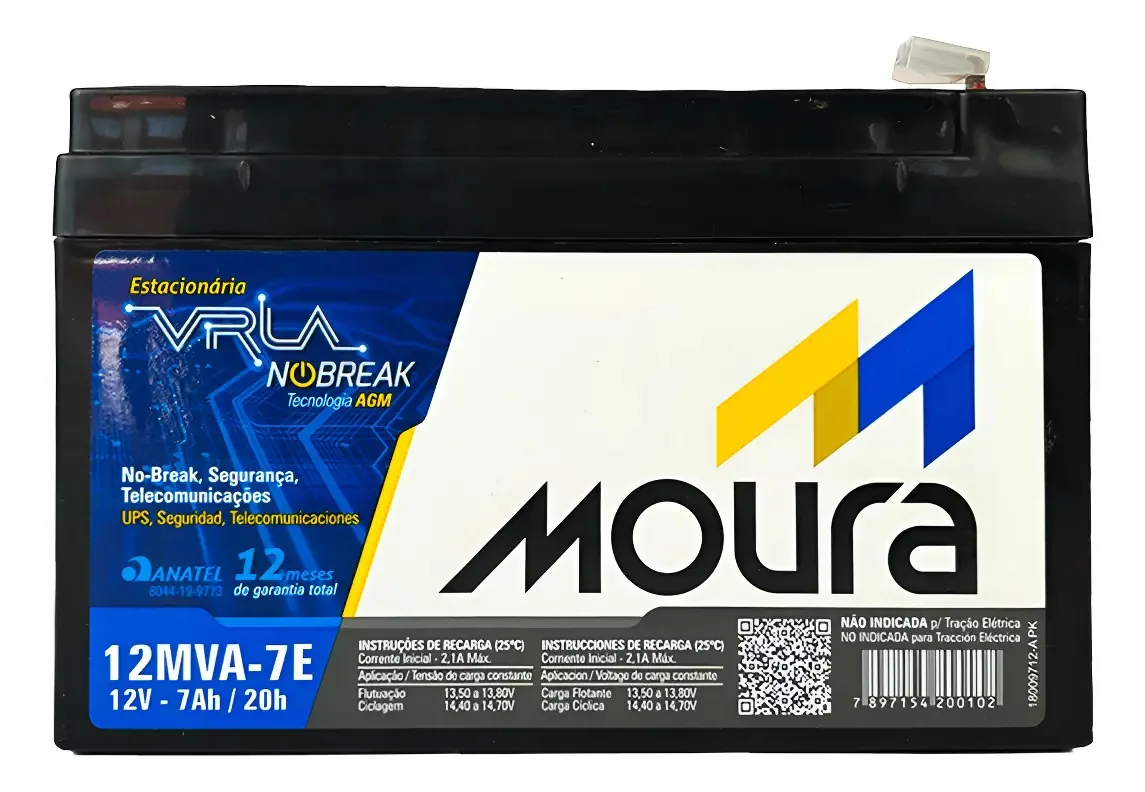 Bateria Recarregável 12v 7ah Moura Alarme Cerca Elétrica Sistemas de Monitoramento