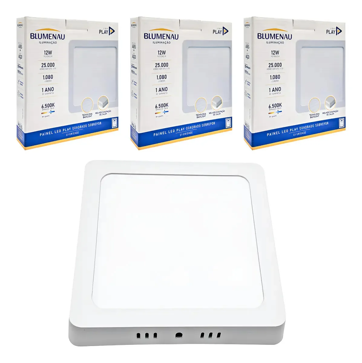 Kit com 3 Painéis Led de Sobrepor Quadrado 12W Branco Frio