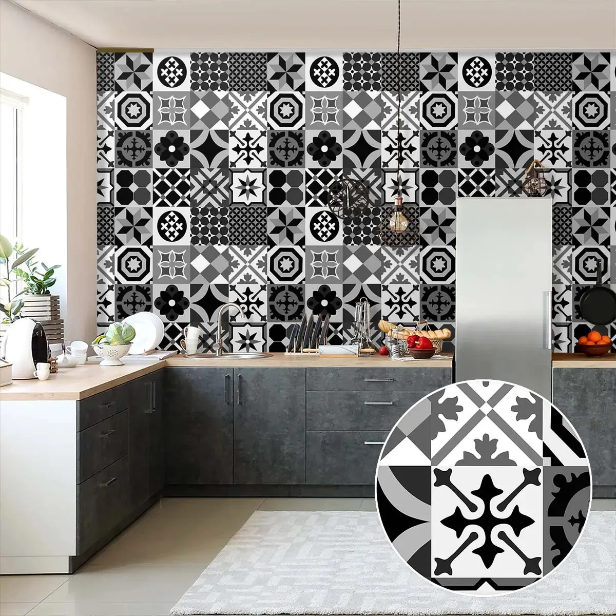 Adesivo Decorativo 2,5 Metros Papel Parede Azulejo Português Retrô Preto Cozinha Banheiro Lavável