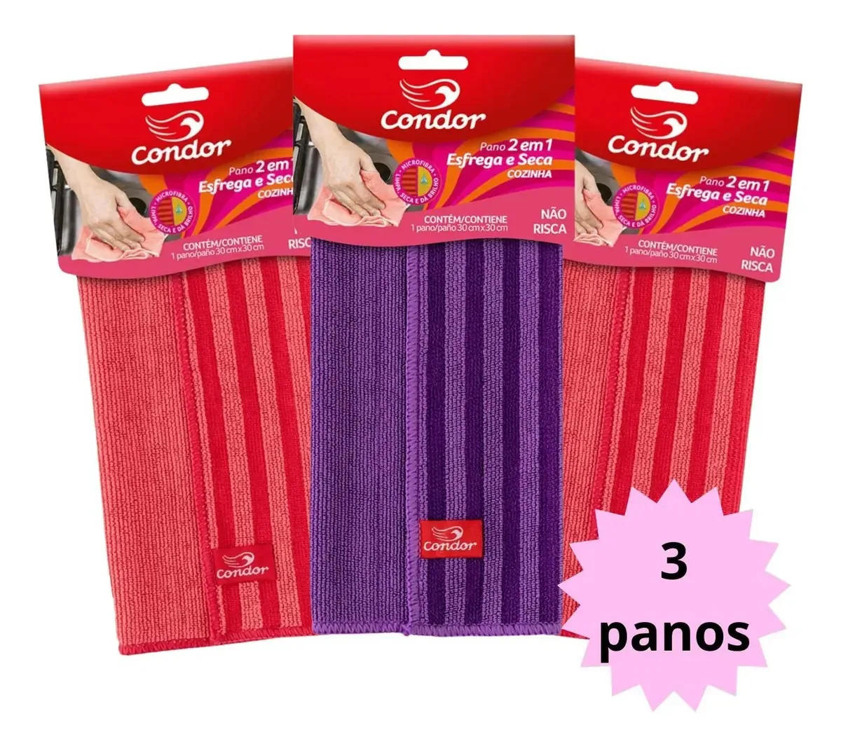 Kit 3 Panos Microfibra 2em1 Esfrega Seca Cozinha Condor Cor Coral
