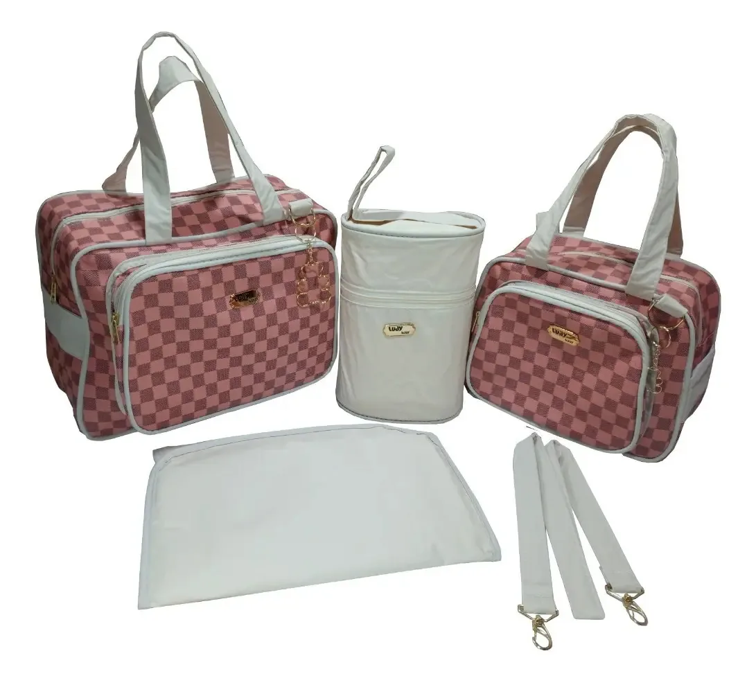 Kit Bolsa Bebe Saída Maternidade Xadrez 4 Peças Luxo Cor Nude