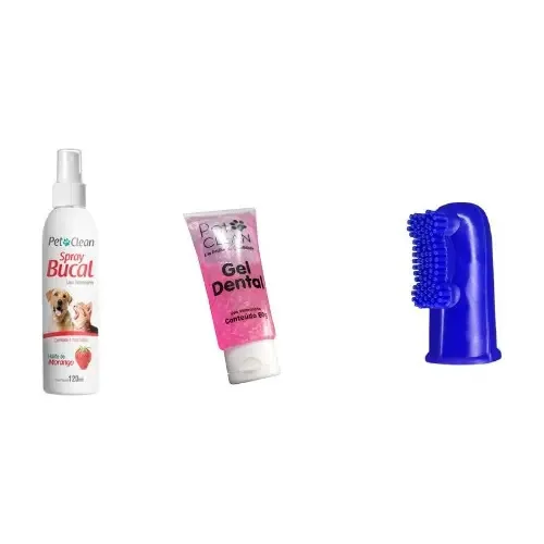 Kit Higiene Bucal Pet Clean para Cães e Gatos Spray Gel e Dedeira Morango