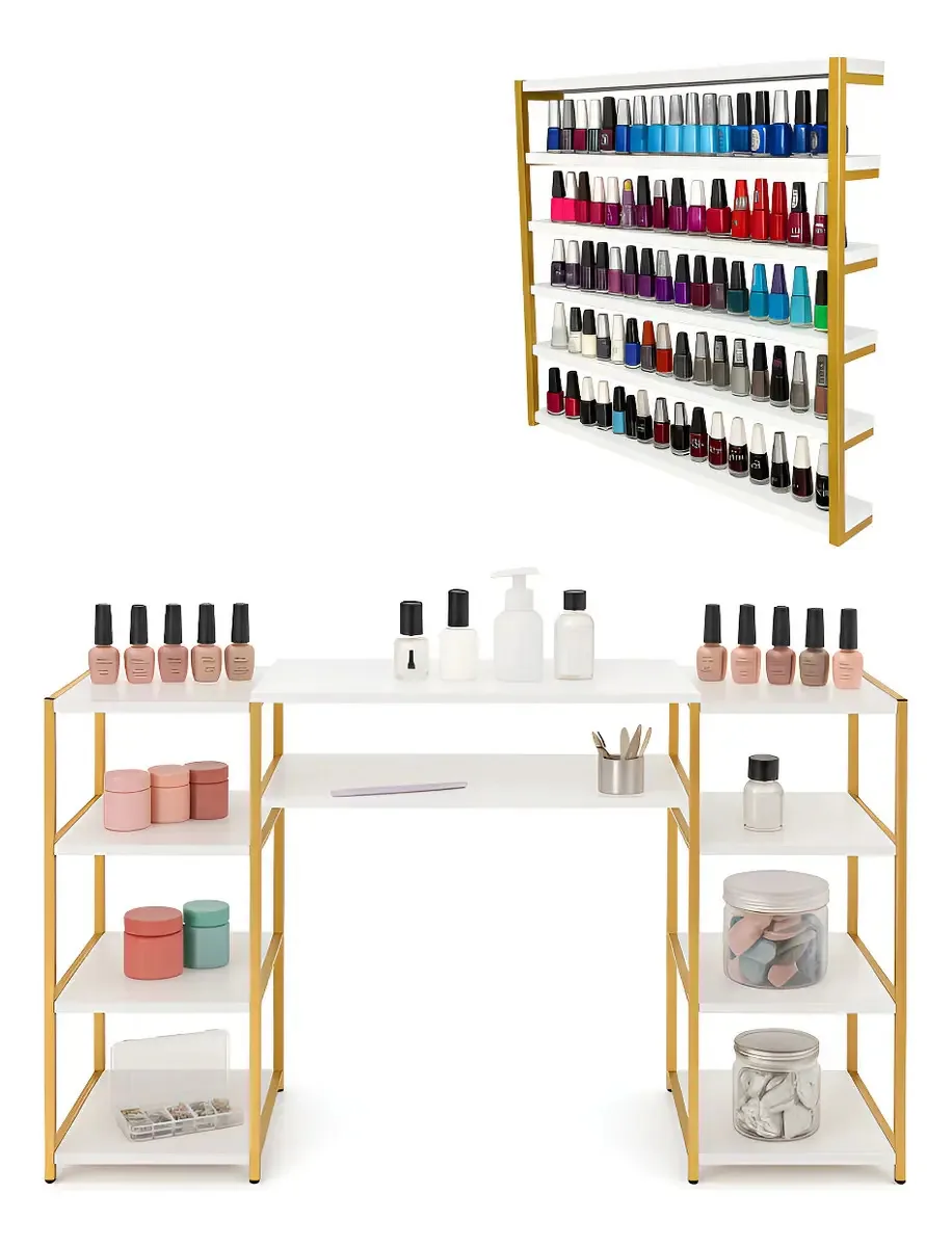 Kit Completo P/ Nail Designer Mesa Espaçosa + Expositor Luxo Cor Ferro Dourado