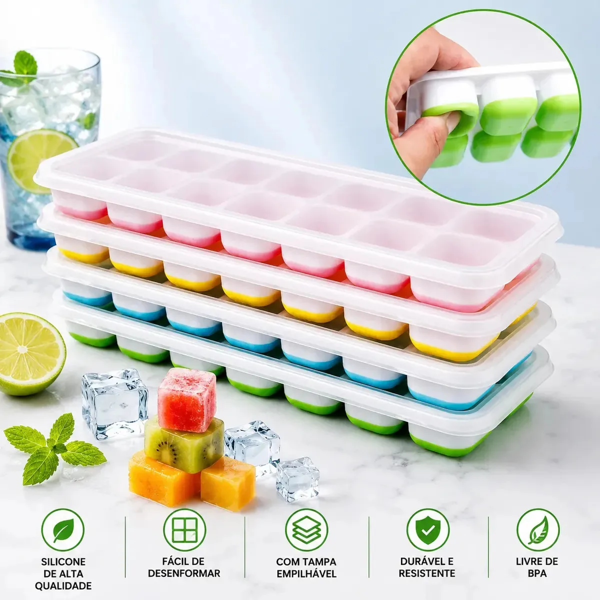 Kit 4 Formas de Gelo Rezzet com Tampa e Fundo Flexível em Silicone