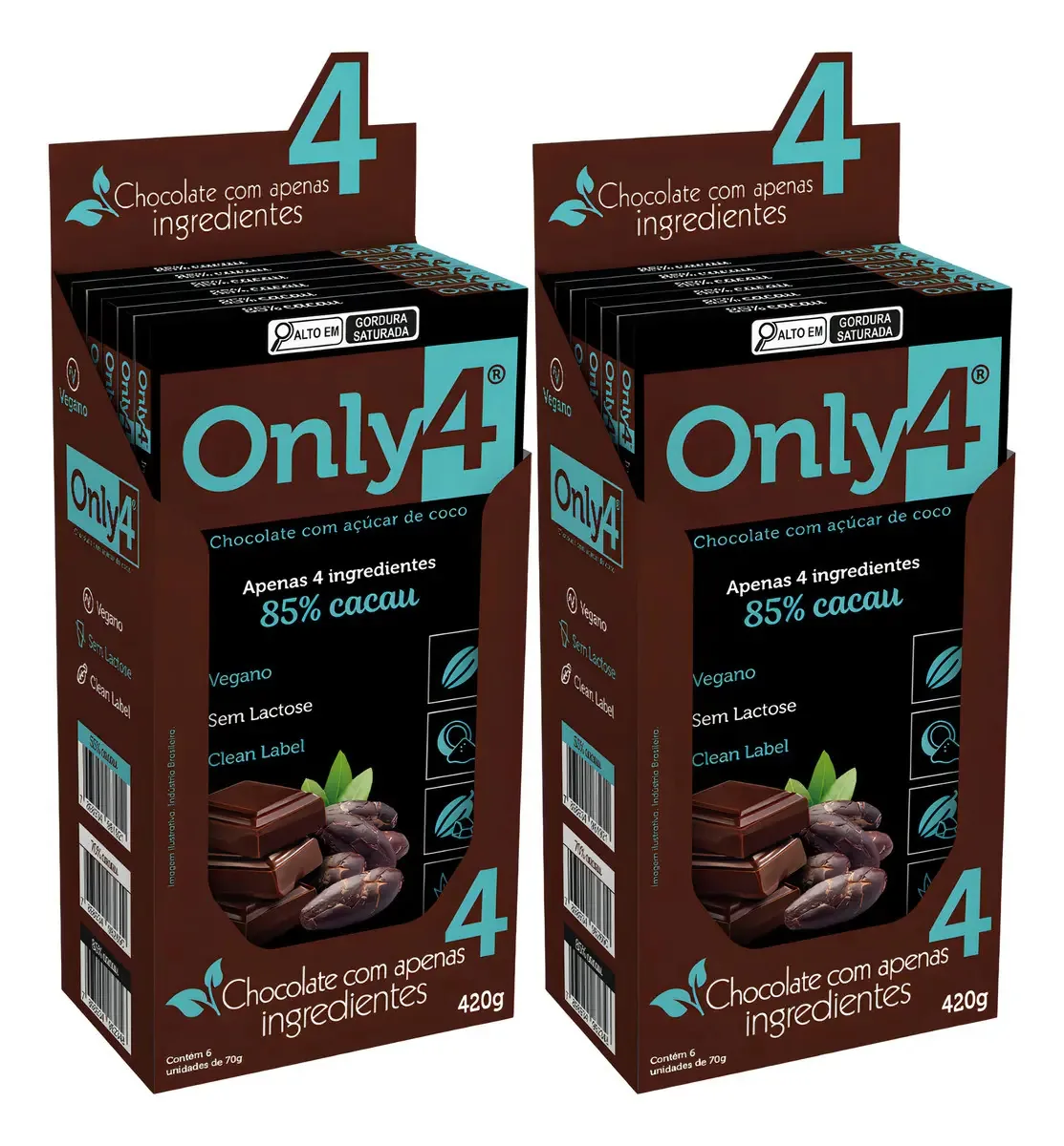 Chocolate Vegano 85% Cacau Amargo Sem Açúcar e Glúten Only4 70g Kit 4