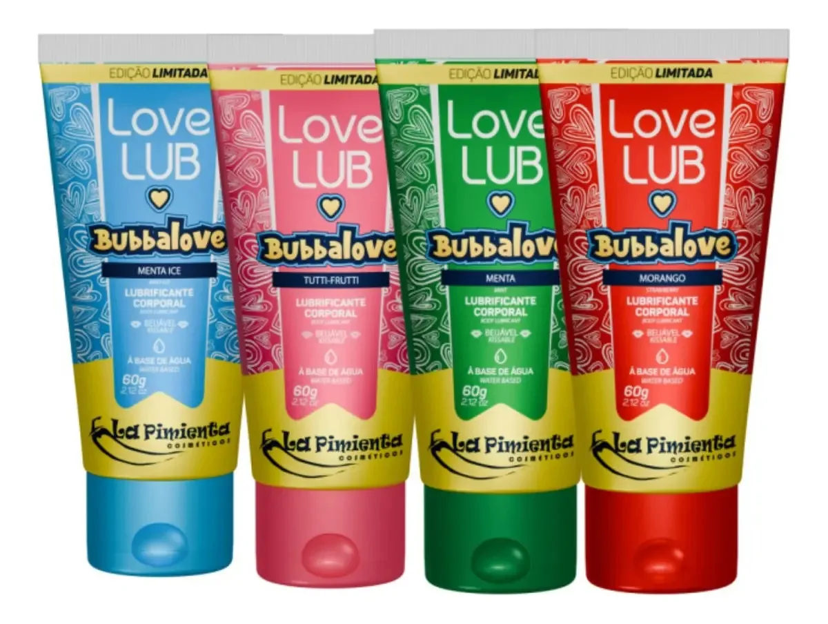 Kit 4 Lubrificantes Love Lub Bubbalove Edição Limitada Sabor Morango/menta/menta Ice/tutti-frutti