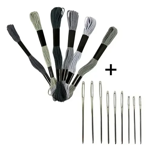 Kit Bordado ADB 6 Meadas Algodão Cinza + 9 Agulhas Ponto Cruz