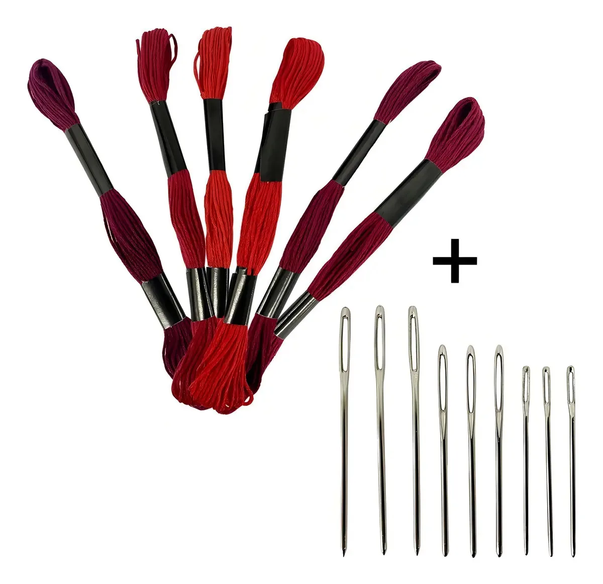 Kit Bordado ADB Meadas Algodão Vermelhas + 9 Agulhas Ponto Cruz