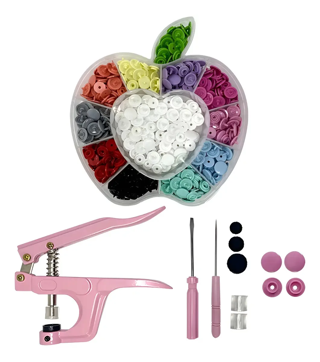 Kit Alicate Ritas Rosa para Botões Pressão 10-15mm + 130 Botões 12mm