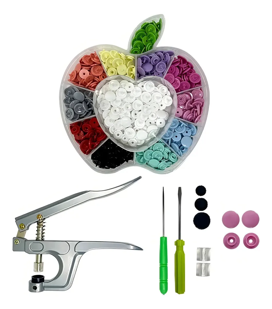 Kit Alicate Cinza Prega Botão Pressão Plástico Ritas 10 12 15mm + 130 Botões