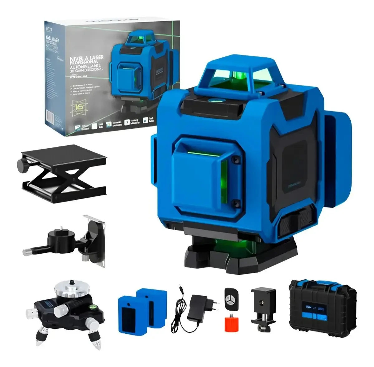Nível A Laser Verde 16 Linhas Esquadro + Suporte + Tripé