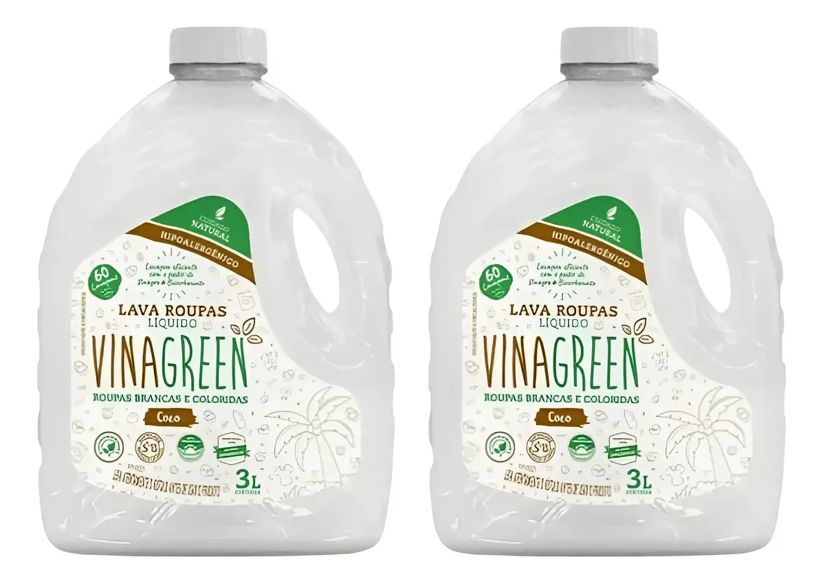 2 Lava Roupas 3l Coco Líquido Vinagreen Hipoalergênico Bebê