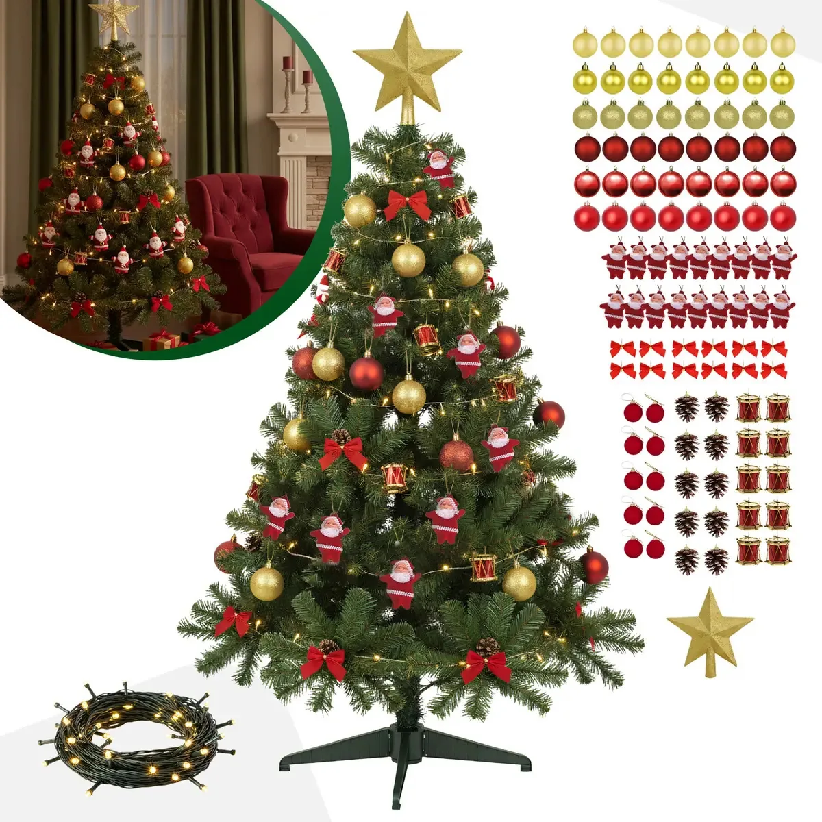 Árvore de Natal Verde de 1,50m Decorada com 110 Enfeites e Pisca