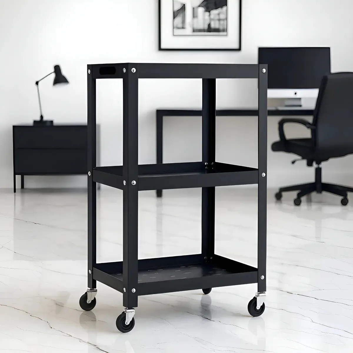Carrinho Aberto Oficina Aço Inox 3 Prateleiras Até 90kg Cor Preto