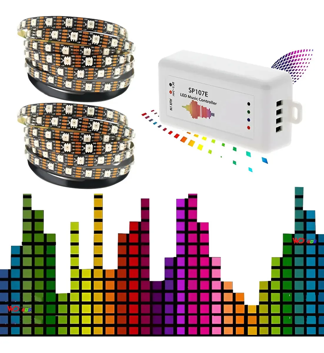 Kit Fita LED RGB 10m Som Automotivo WD SP107e Fita Ws2815