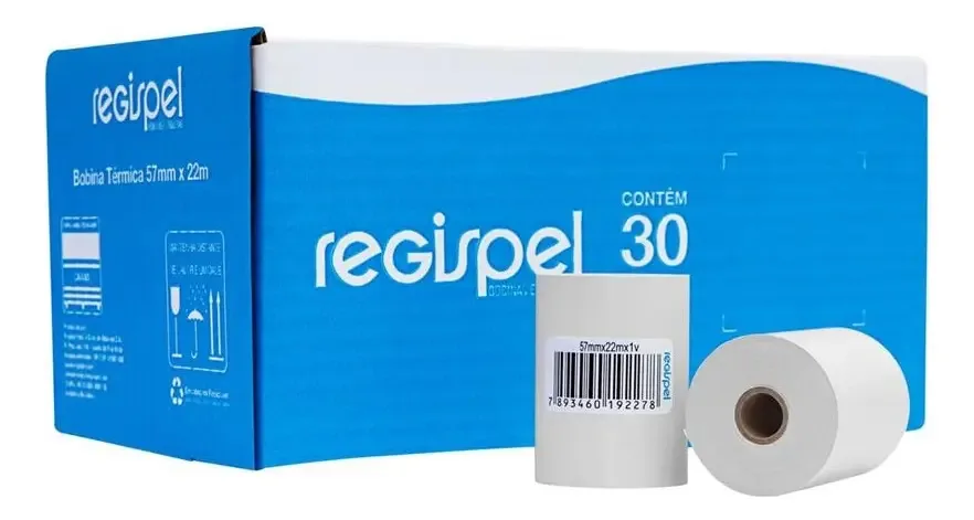 Bobina Térmica Regispel Branca 57mm x 22m para Máquinas de Cartão e POS – Pack com 30