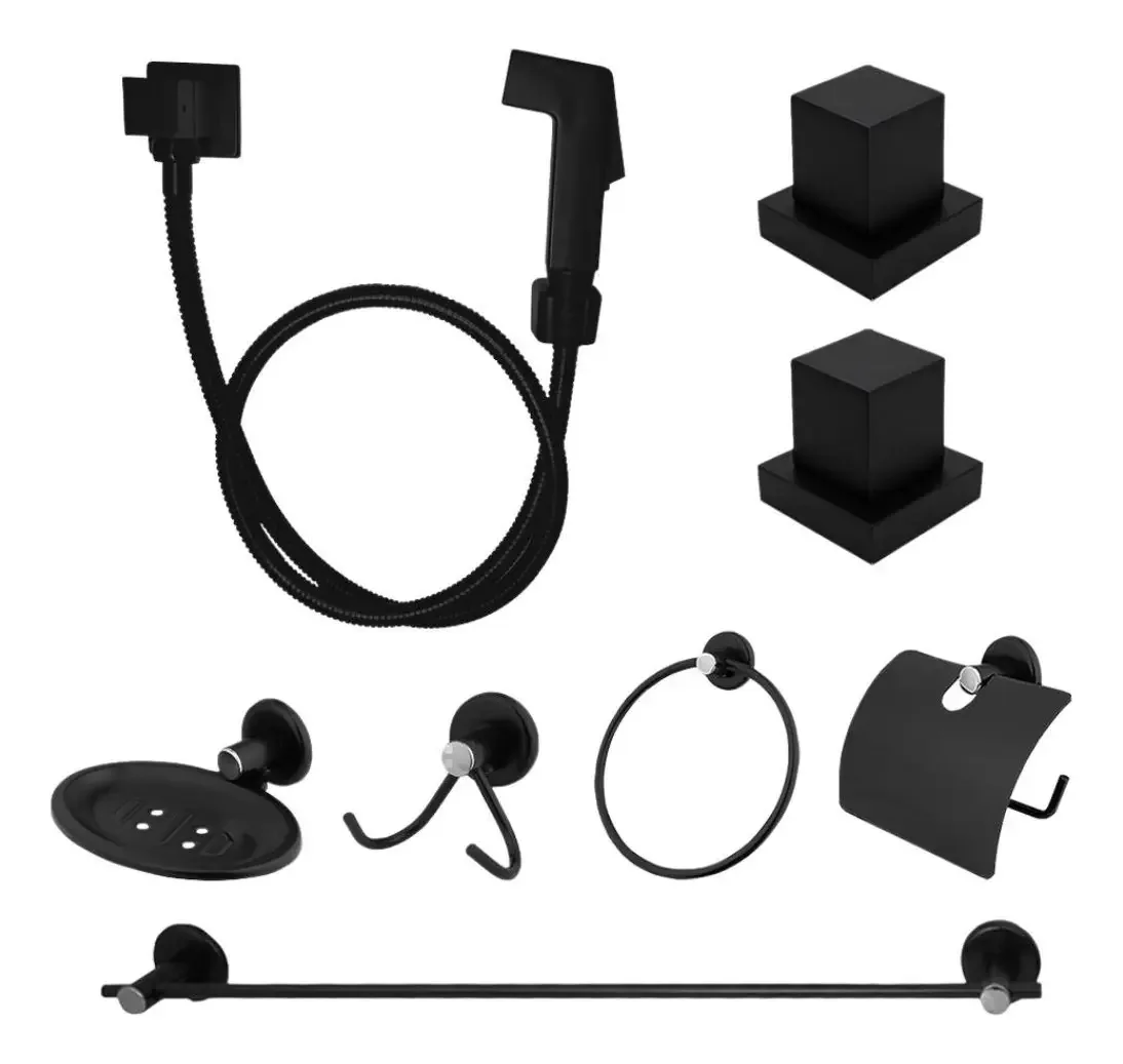 Kit Acessórios para Banheiro de 8 Peças Preto Fosco com Ducha e Acabamentos