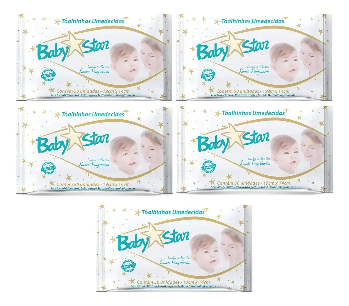 Kit 5 Pacotes Lenços Umedecidos Baby Star Premium 50 Lenços