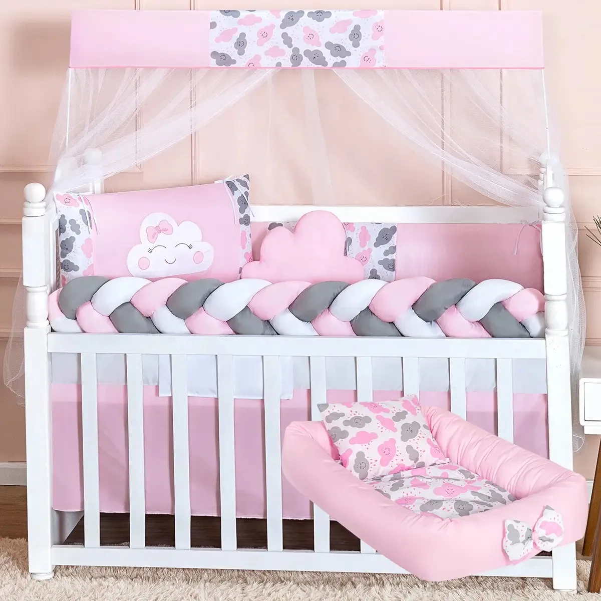 L2m Kit Berço Trança E Ninho Redutor Chuva De Amor Baby Cor Rosa