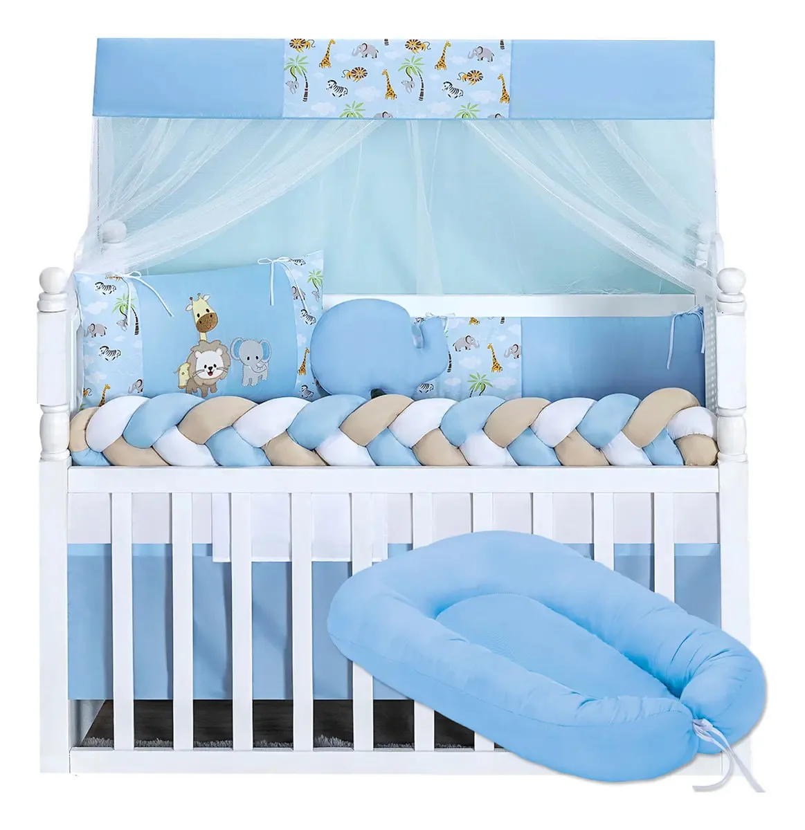 Kit Berço Safari Azul Balão Naninha Nuvem + Ninho Redutor