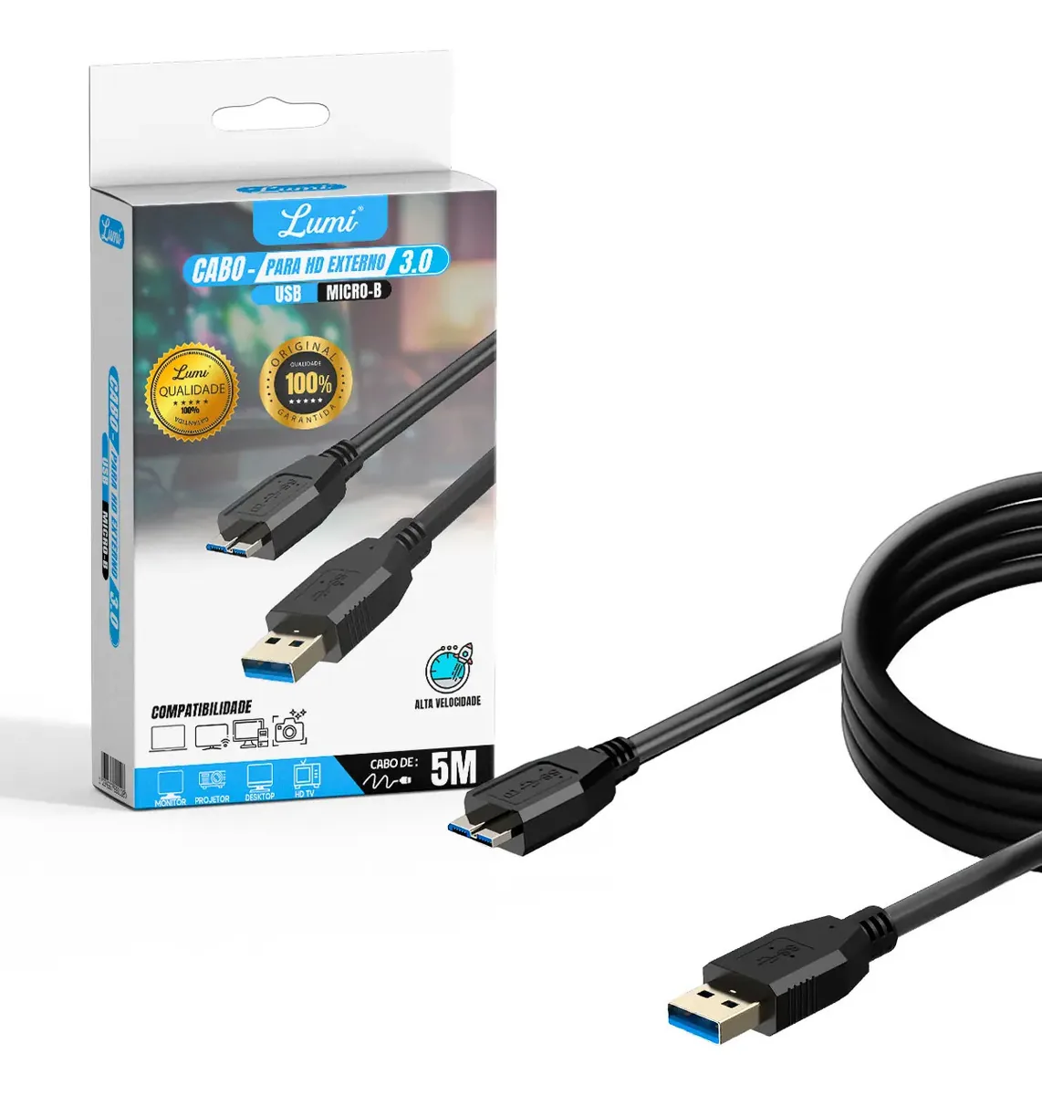 Cabo Hd Externo Usb 3.0 P/ Micro Usb B 5 Metros Lumi