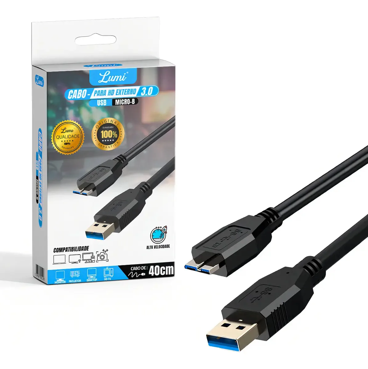 Cabo Hd Externo Usb 3.0 P/ Micro Usb B 40cm Lumi