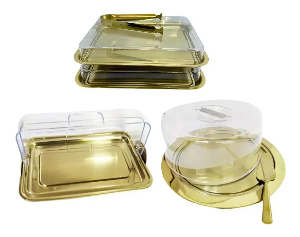 Kit Café Da Manhã Dourado Em Aço Inox 3 Peças Fineza Dourado Kit Café Da Manhã 3 Pç Porta Frio Pão Bolo Dourado Fineza
