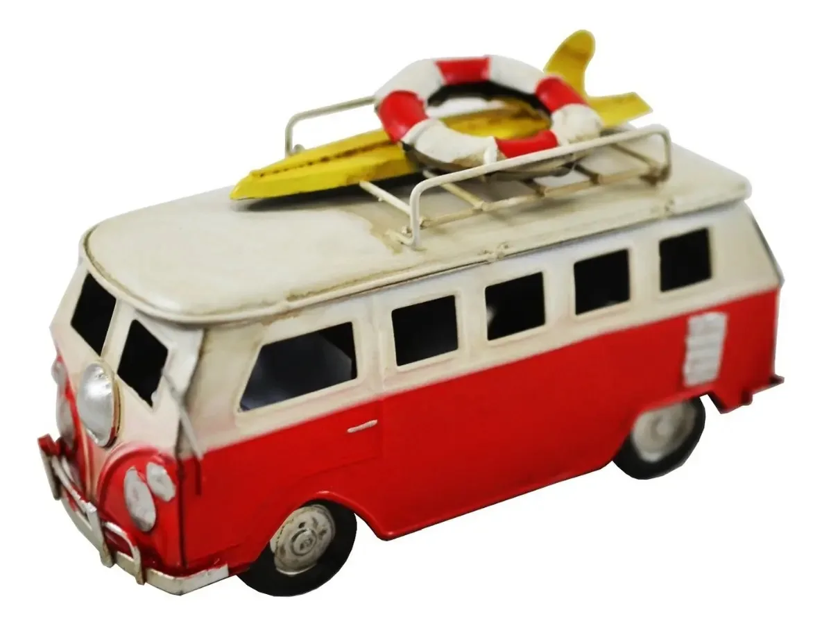 Carro Miniatura Colecionável Vintage Em Metal Kombi Surf Cor Vermelho