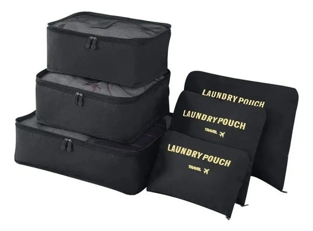 Kit Necessaire Organização Viagem Preto 6 Nylon Travel