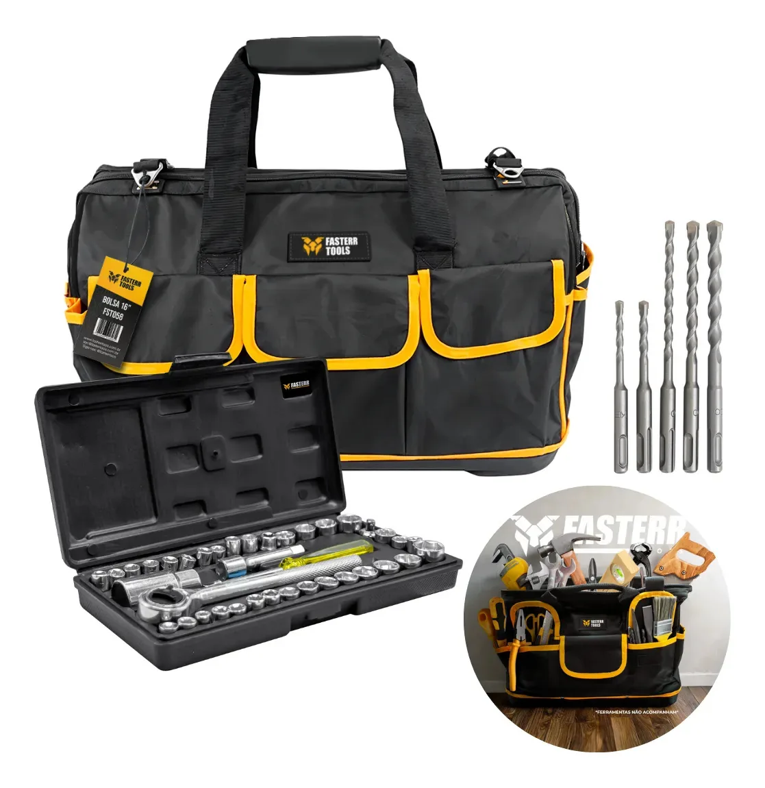 Bolsa Para Ferramentas Fasterr Com Soquetes E Brocas Kit Amarelo