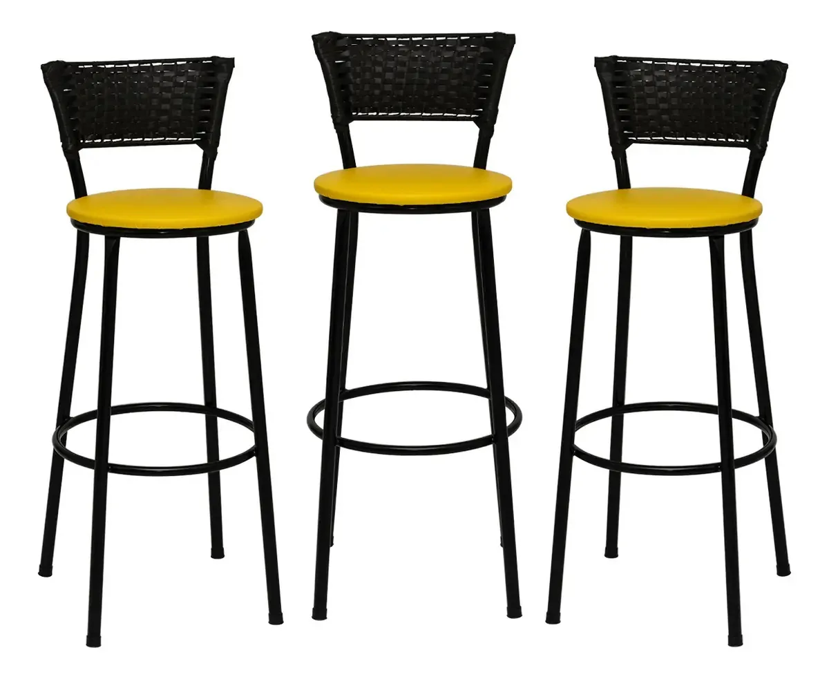 Itagold Kit 3 Banquetas Alta Junco Luxo 75cm Aço Acabamento Da Estrutura Estrutura Preta - Encosto Preta Cor Amarelo