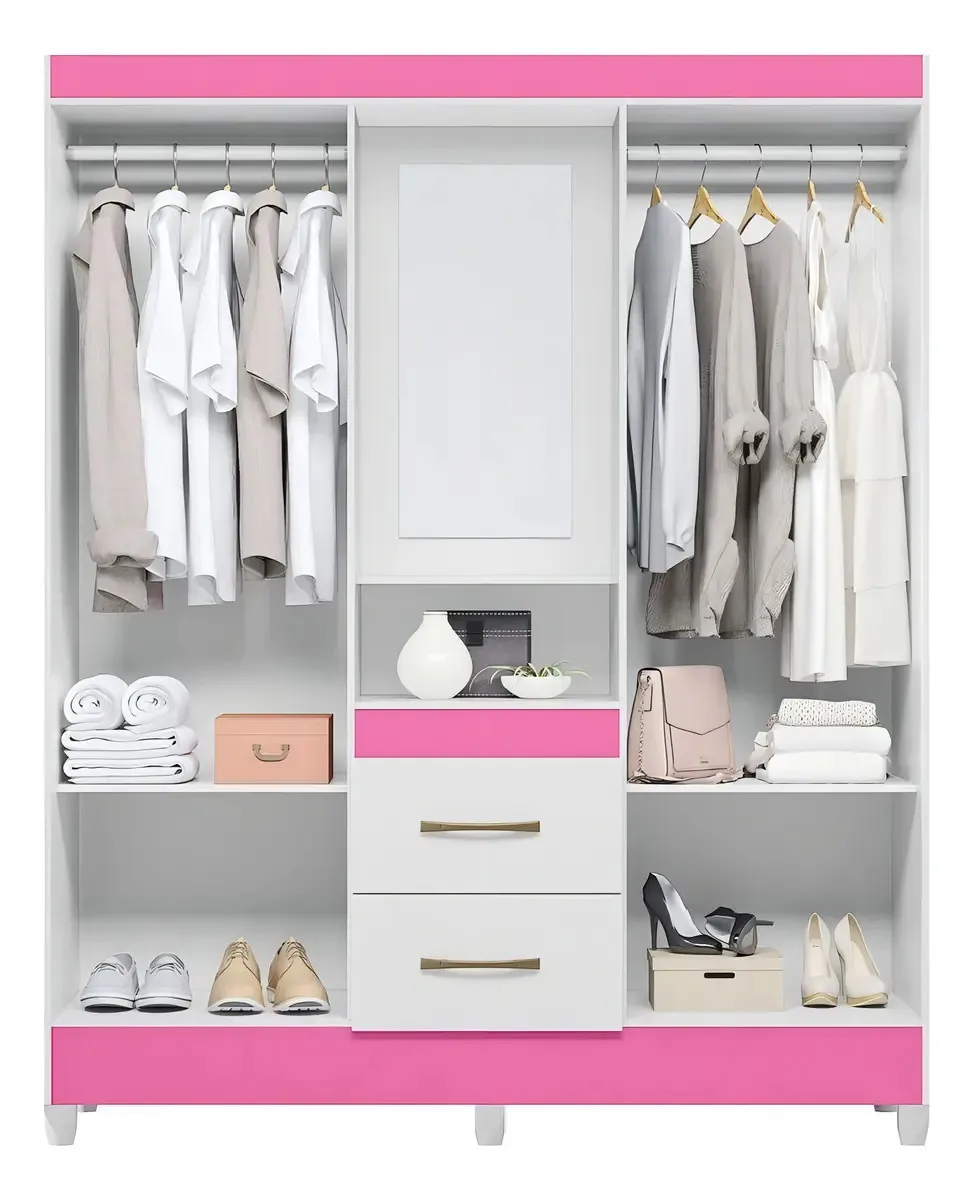 Guarda Roupas Casal Com 4 Portas Capela Branco Branco/rosa