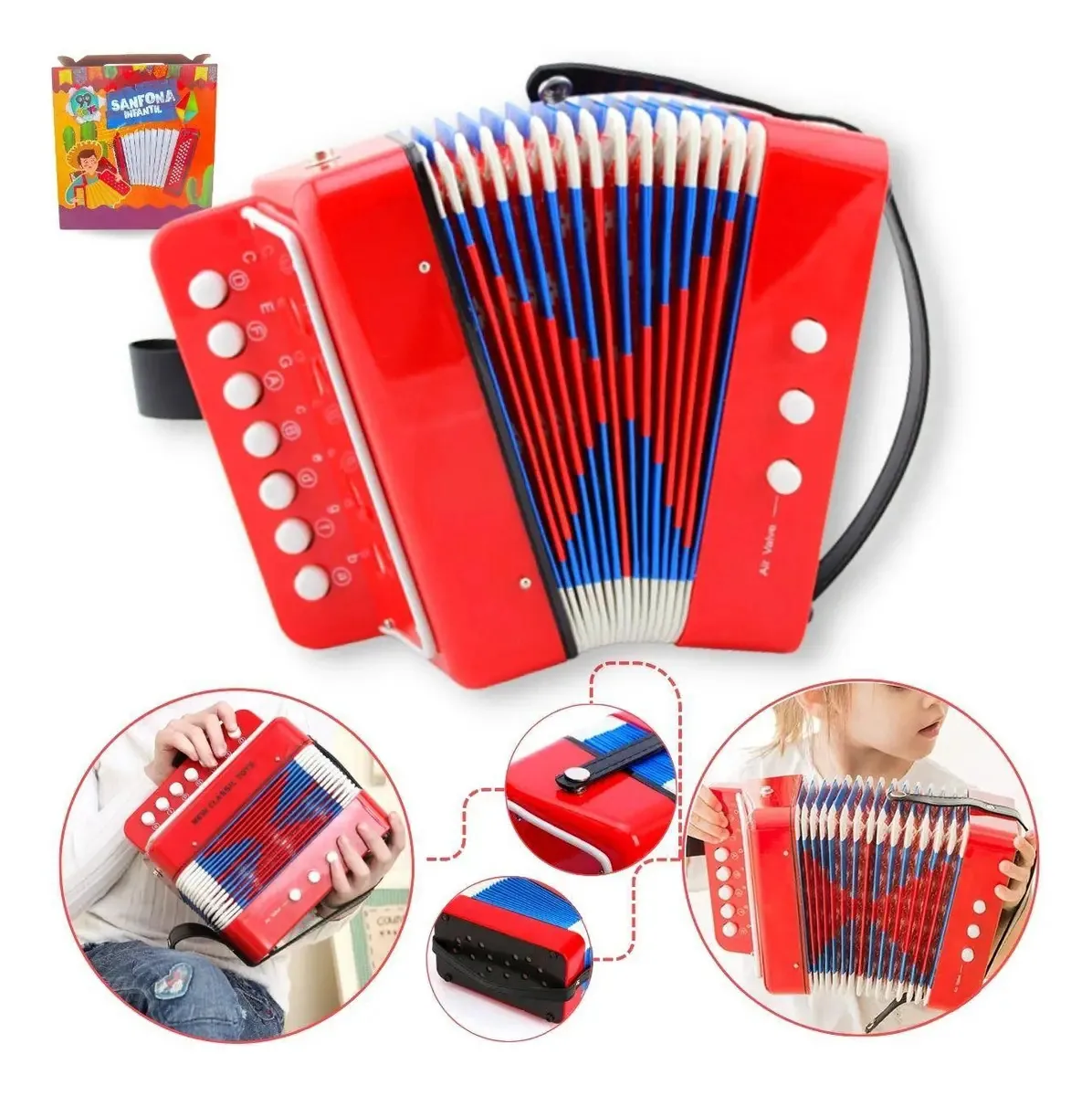 Acordeon Diatônico Infantil Europio Vermelho 17cm com Estojo
