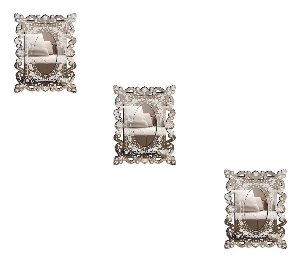 Kit 3 Espelhos Decorativos Venezianos 32x24 cm Oval Prateado