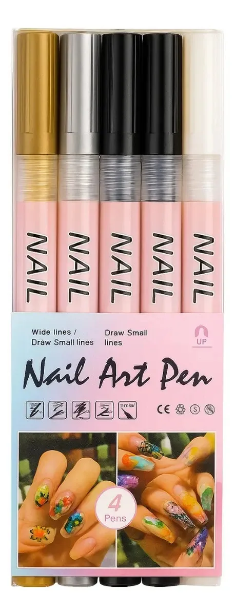 Conjunto Canetas Decoração Unhas Caderno Grafite 4 Unidades Cor Kit Prata Branco Dourado Preto