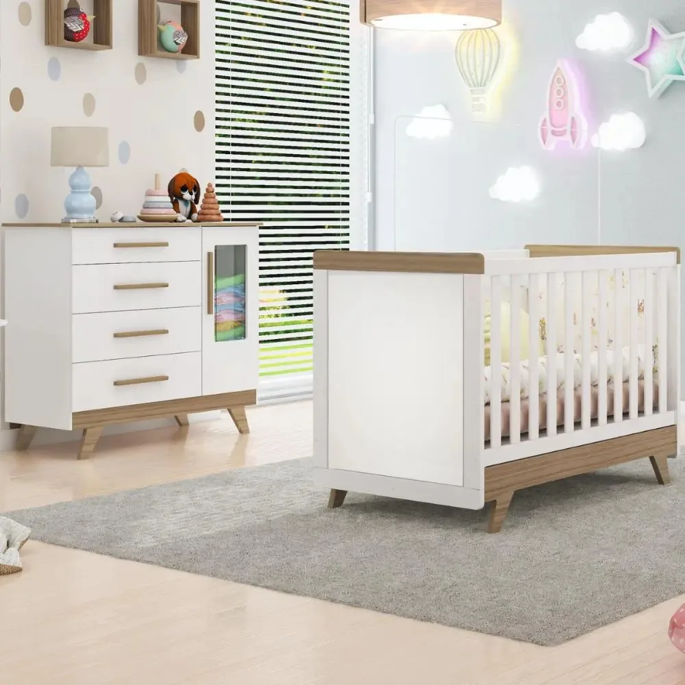 Quarto Bebê Retrô Completo Berço Americano Cômoda 100% Mdf Cor Branco Brilho/carvalho