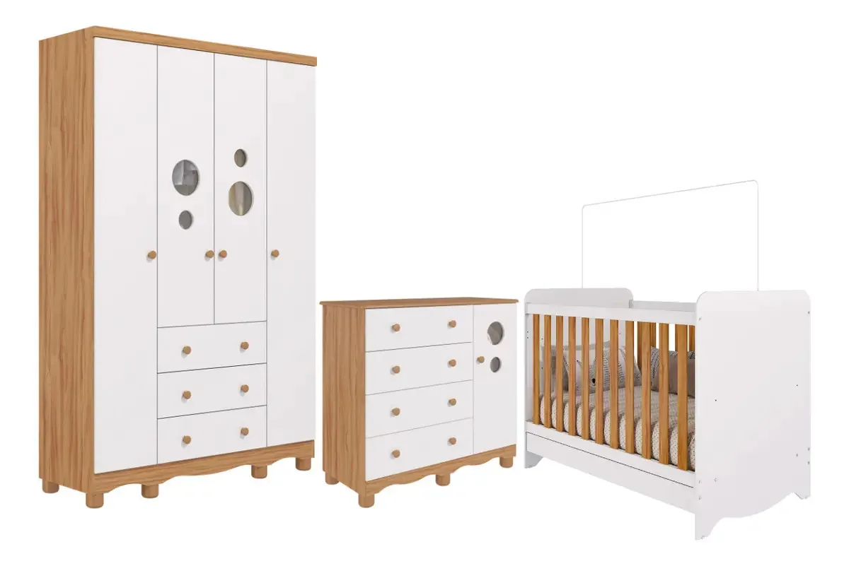 Quarto Bebê Completo Berço Americano Guarda Roupas Cômoda Fm Cor Amêndoa/branco